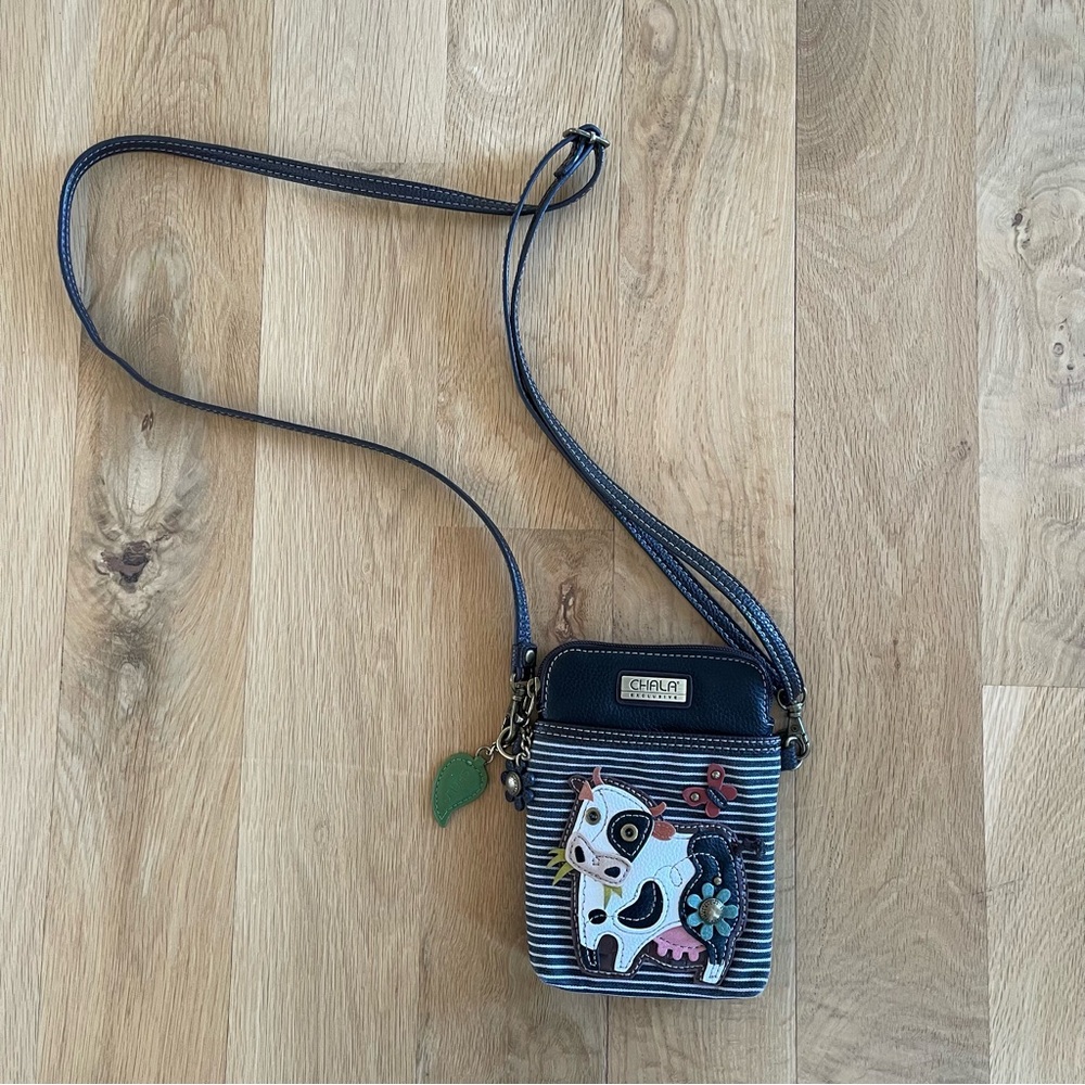 CHALA vegan black stripe Crossbody Bag with Cow Design